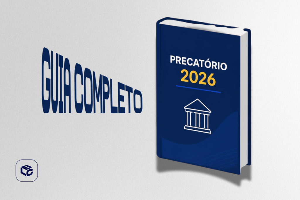 Guia Completo Precatório 2026 com símbolo de justiça e texto sobre antecipar processo