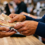 Mãos trocando notas de 50 reais, simulando pagamento de precatório.